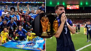 Split image featuring the Cape Verde and Uruguay national teams in contrasting emotions.