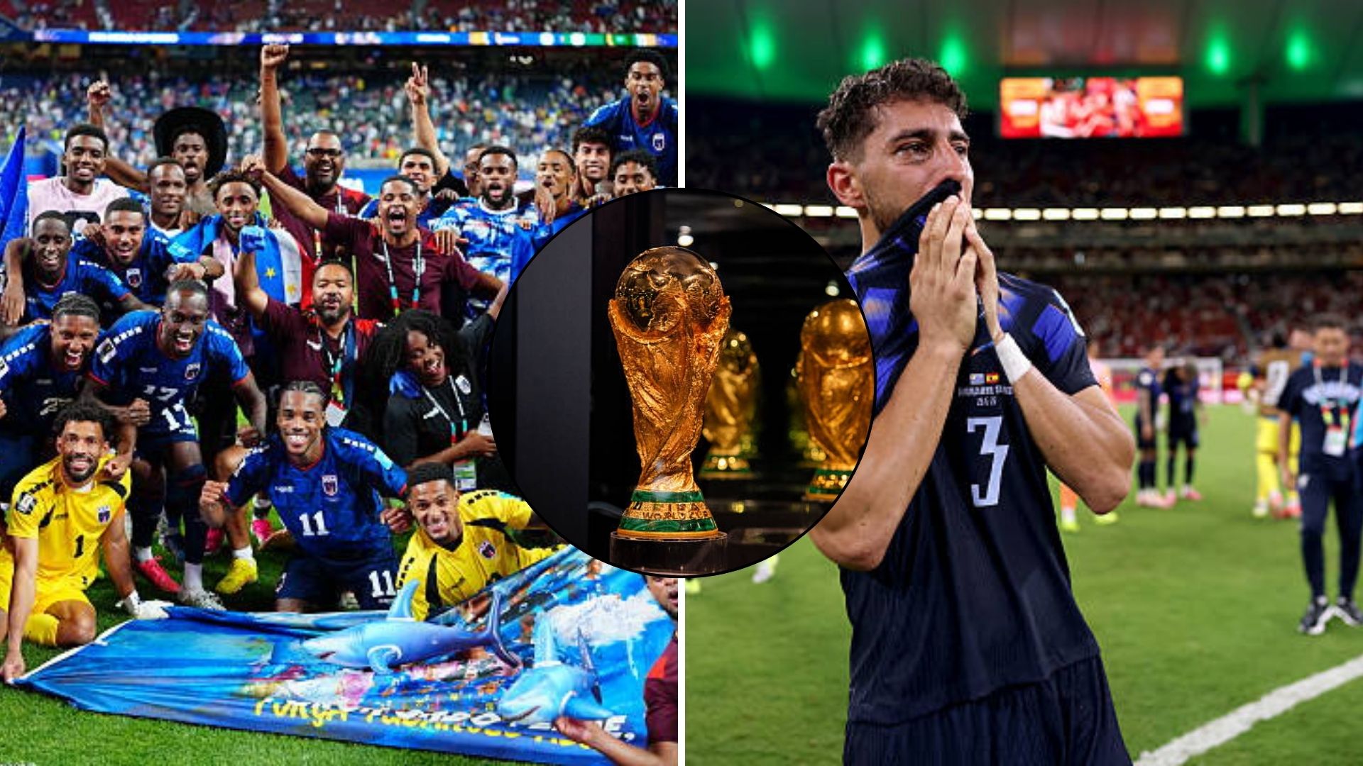 Split image featuring the Cape Verde and Uruguay national teams in contrasting emotions.