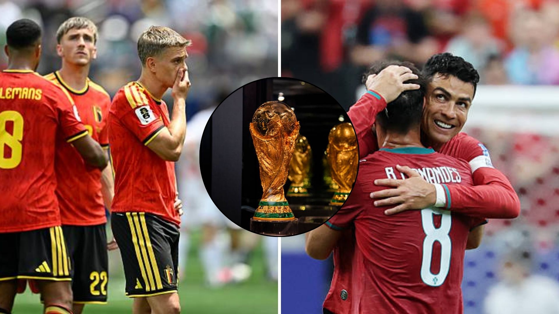 Split image featuring the Belgium national football team and the Portuguese.
