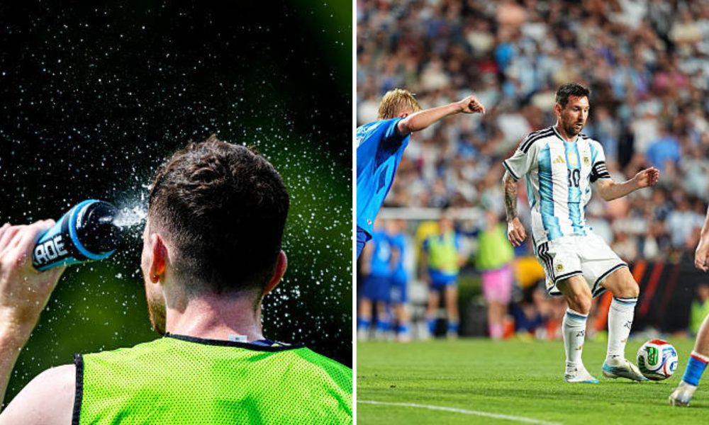 Split image featuring a European player spraying themselves with water and Lionel Messi.