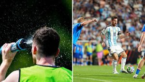 Split image featuring a European player spraying themselves with water and Lionel Messi.
