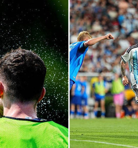 Split image featuring a European player spraying themselves with water and Lionel Messi.
