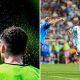 Split image featuring a European player spraying themselves with water and Lionel Messi.