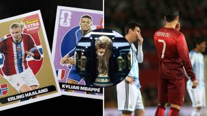 Split image featuring the new stars: Kylian Mbappe and Erling Haaland, and the legends: Lionel Messi and Cristiano Ronaldo.
