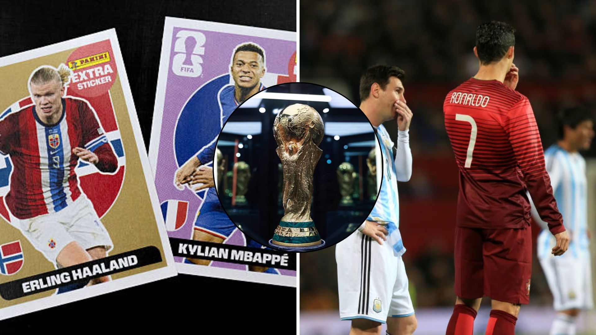 Split image featuring the new stars: Kylian Mbappe and Erling Haaland, and the legends: Lionel Messi and Cristiano Ronaldo.