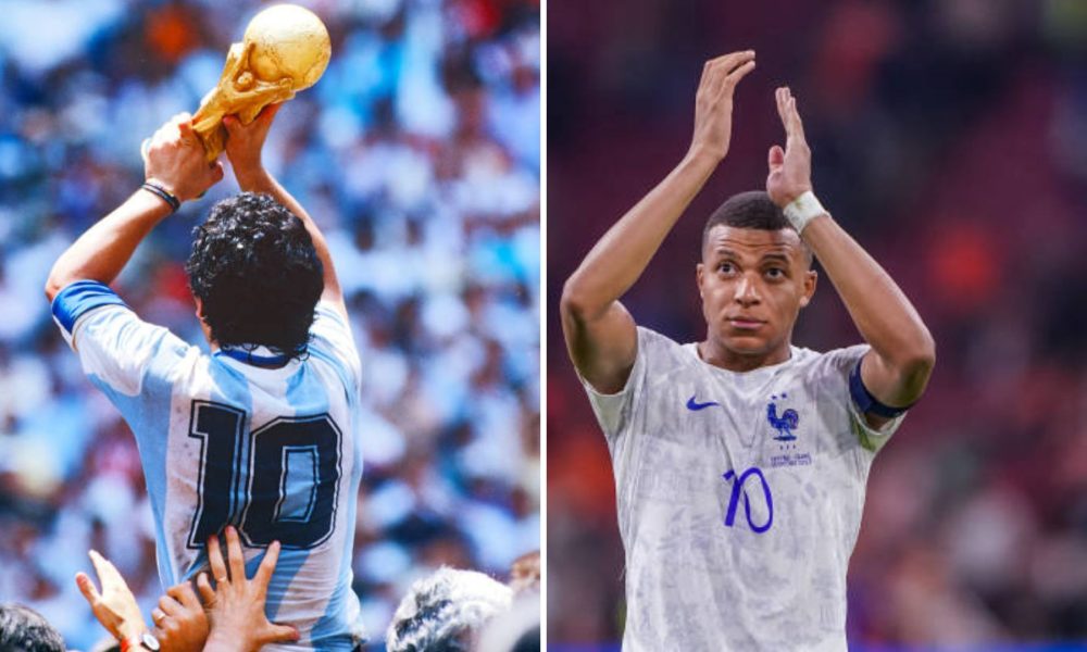 Split image featuring Diego Maradona and Kylian Mbappe.