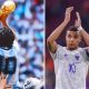 Split image featuring Diego Maradona and Kylian Mbappe.