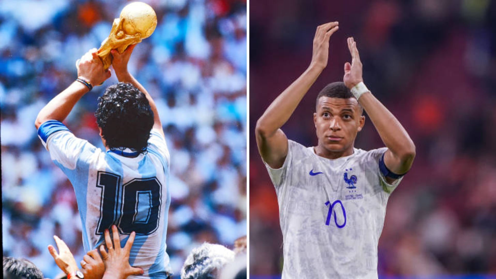 Split image featuring Diego Maradona and Kylian Mbappe.