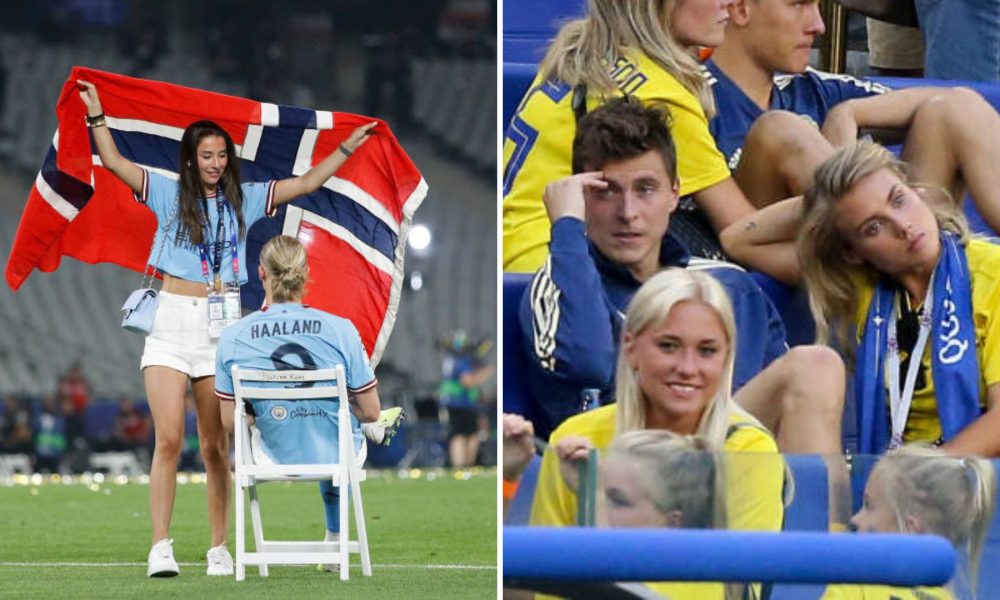 Split image featuring Erling Haaland's partner and Viktor Lindelof's partner.