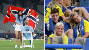 Split image featuring Erling Haaland's partner and Viktor Lindelof's partner.