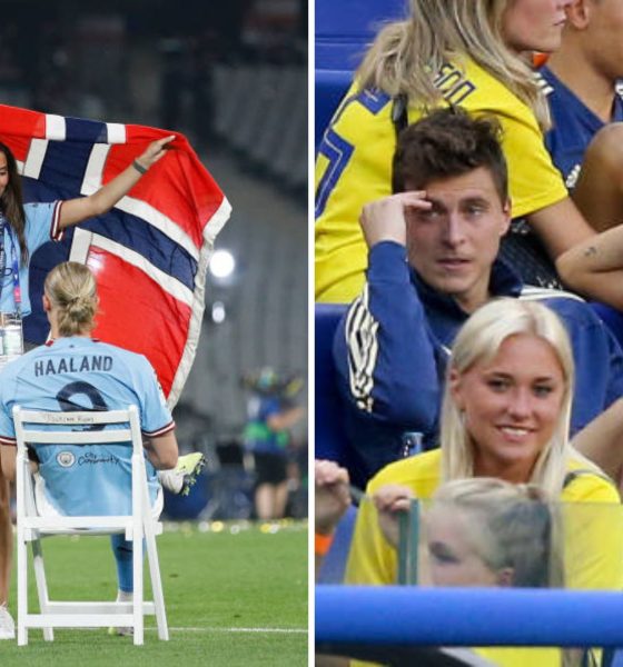 Split image featuring Erling Haaland's partner and Viktor Lindelof's partner.