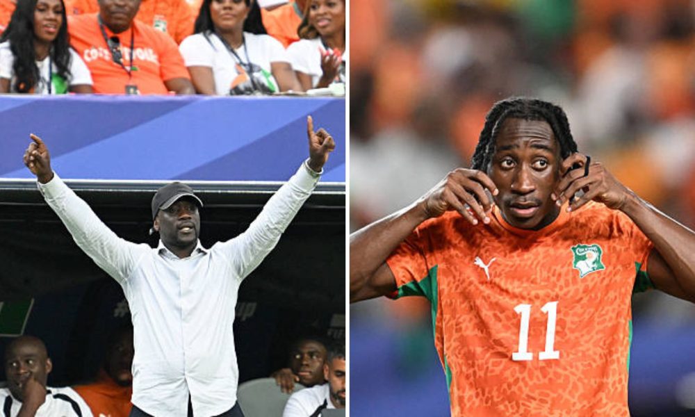 Split image featuring Ivory Coast manager Emerse Fae and Yan Diomande.