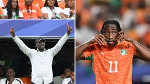 Split image featuring Ivory Coast manager Emerse Fae and Yan Diomande.