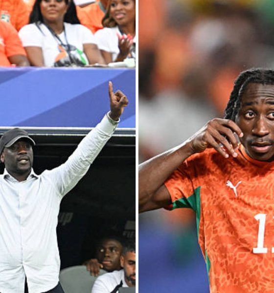 Split image featuring Ivory Coast manager Emerse Fae and Yan Diomande.