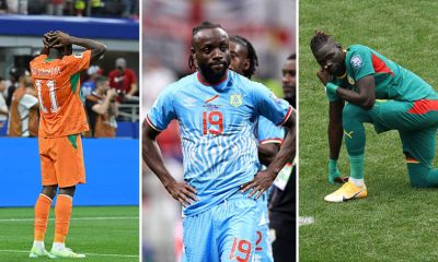 Split image featuring Ivory Coast, Senegal and DR Congo players dejected.