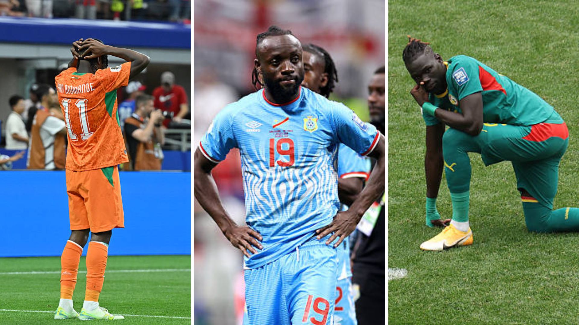 Split image featuring Ivory Coast, Senegal and DR Congo players dejected.