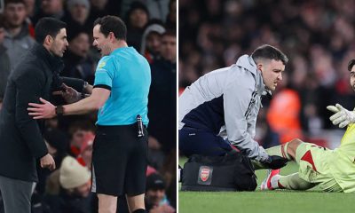 Split image featuring Mikel Arteta, Premier League referee and David Raya.