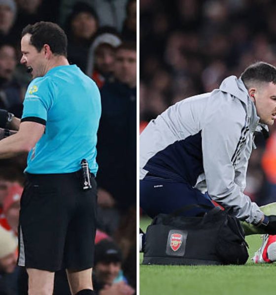 Split image featuring Mikel Arteta, Premier League referee and David Raya.