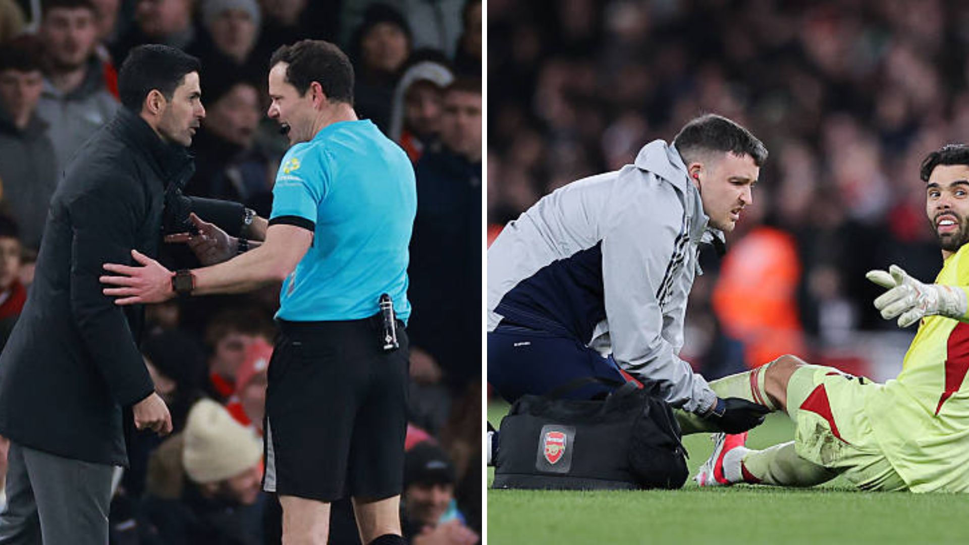 Split image featuring Mikel Arteta, Premier League referee and David Raya.
