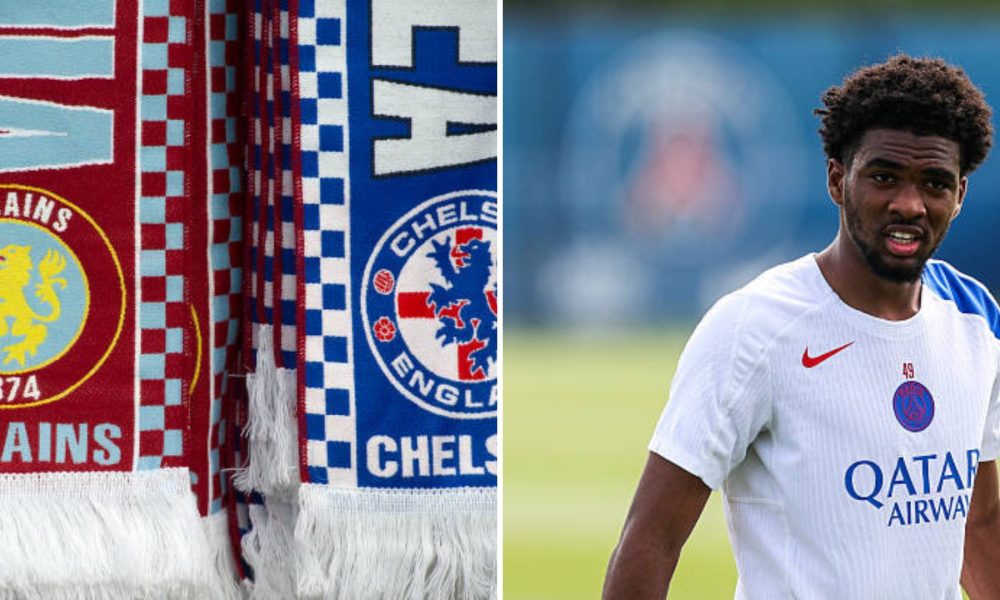 Split image featuring Aston Villa, Chelsea crests and Ibrahim Mbaye.