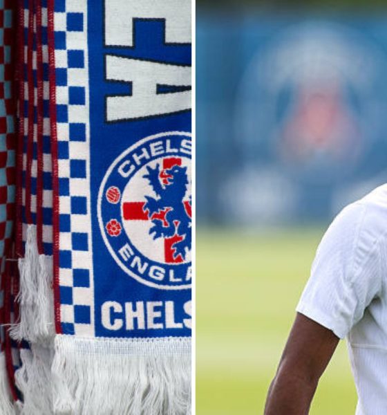 Split image featuring Aston Villa, Chelsea crests and Ibrahim Mbaye.