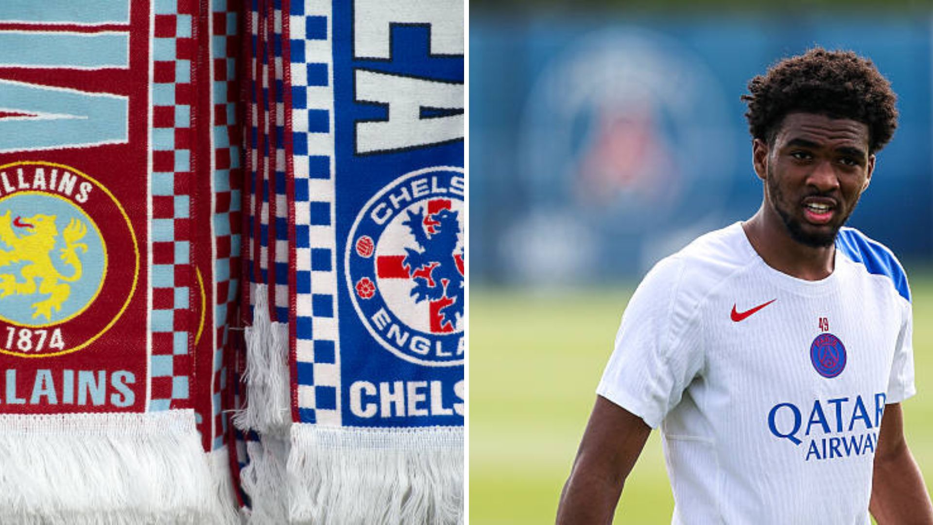 Split image featuring Aston Villa, Chelsea crests and Ibrahim Mbaye.