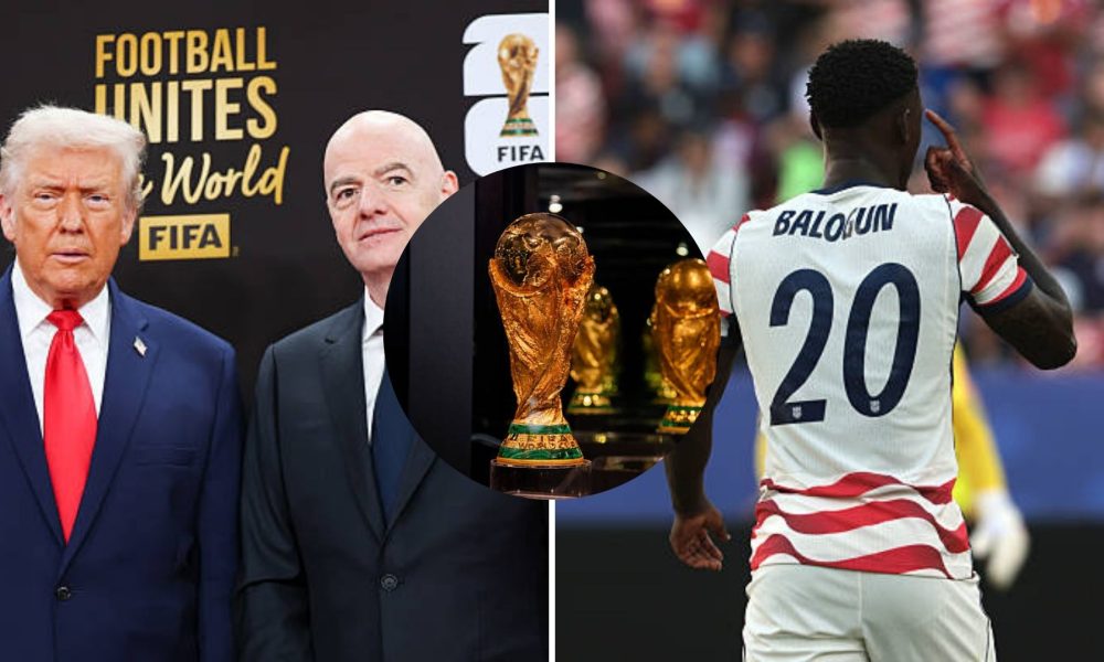 Split image featuring Donald Trump, Infantino and Folarin Balogun.