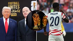Split image featuring Donald Trump, Infantino and Folarin Balogun.