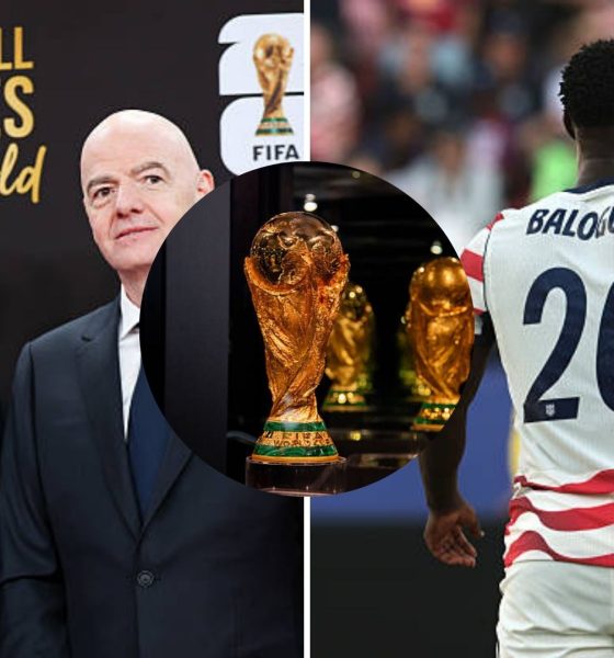 Split image featuring Donald Trump, Infantino and Folarin Balogun.