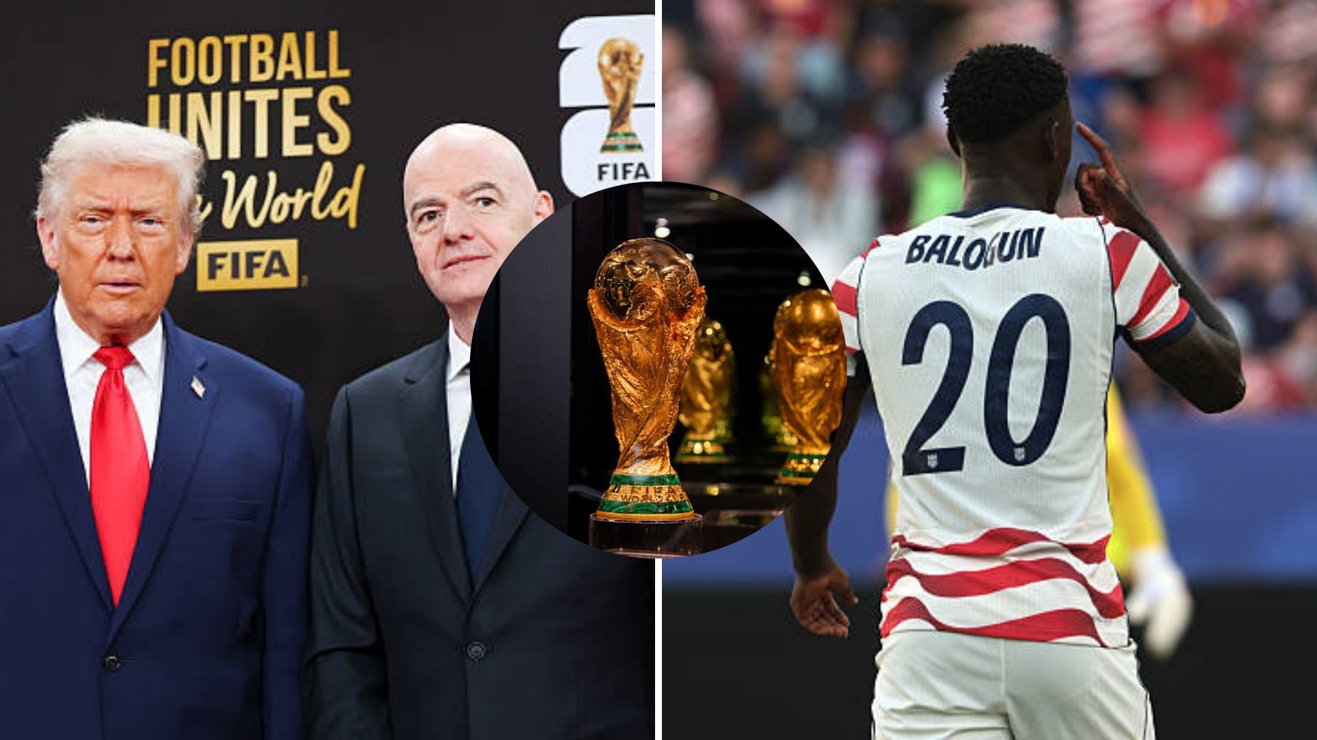 Split image featuring Donald Trump, Infantino and Folarin Balogun.