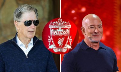 Split image featuring John Henry, Liverpool's current owner, Liverpool's crest and Jeff Bezos.