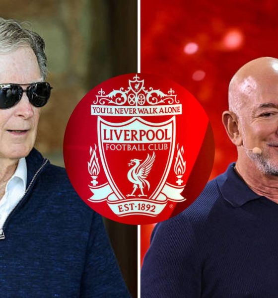 Split image featuring John Henry, Liverpool's current owner, Liverpool's crest and Jeff Bezos.