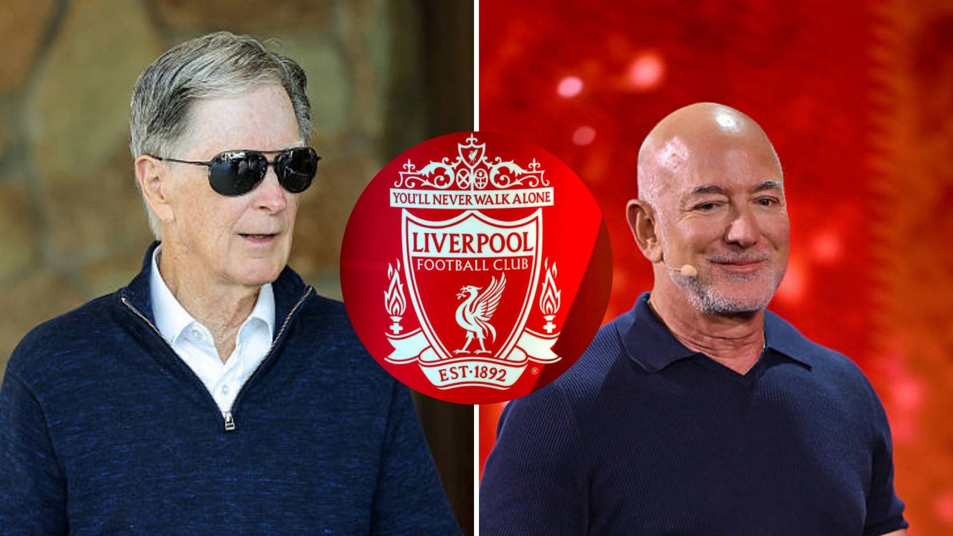 Split image featuring John Henry, Liverpool's current owner, Liverpool's crest and Jeff Bezos.