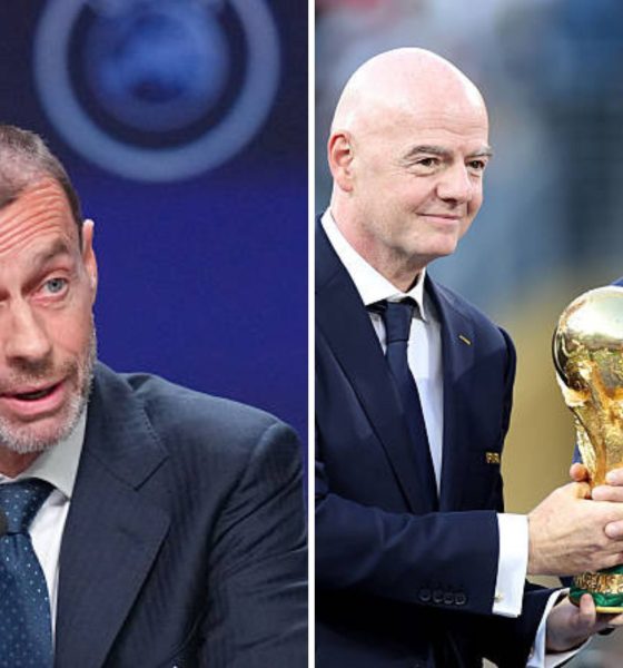 Split image featuring Aleksander Ceferin, Donald Trump and Gianni Infantino.
