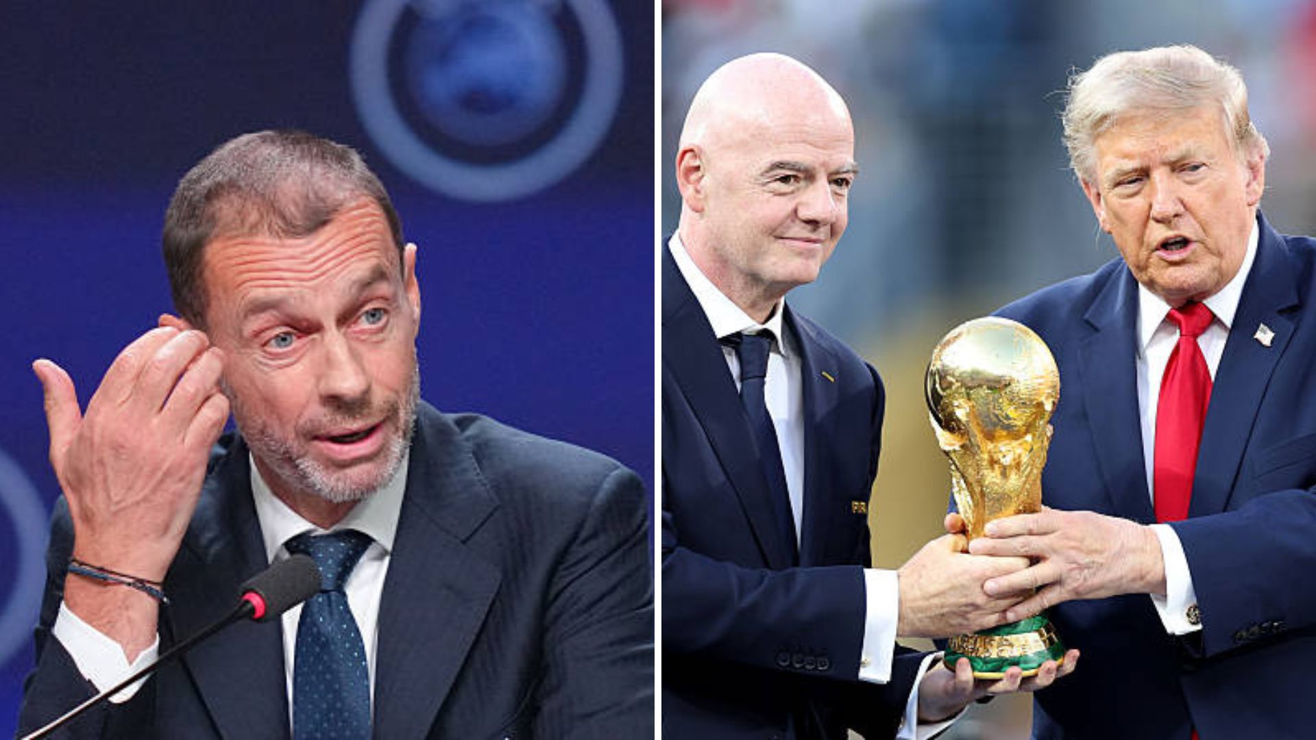 Split image featuring Aleksander Ceferin, Donald Trump and Gianni Infantino.
