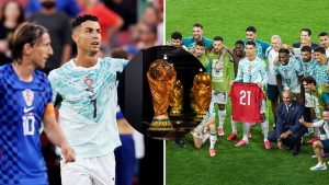Split image featuring Cristiano Ronaldo, Luka Modric and the players tribute for Diogo Jota.