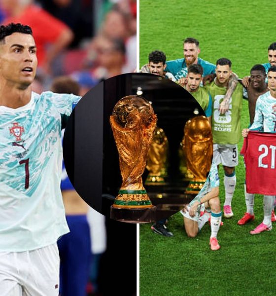 Split image featuring Cristiano Ronaldo, Luka Modric and the players tribute for Diogo Jota.