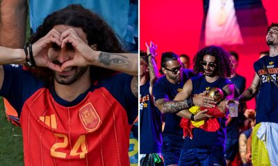 Split image featuring Marc Cucurella's celebrations post-World Cup triumph.