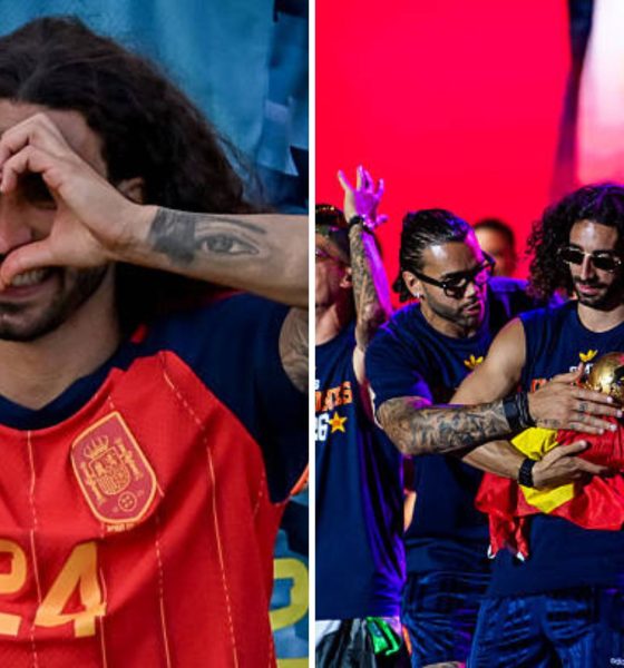 Split image featuring Marc Cucurella's celebrations post-World Cup triumph.