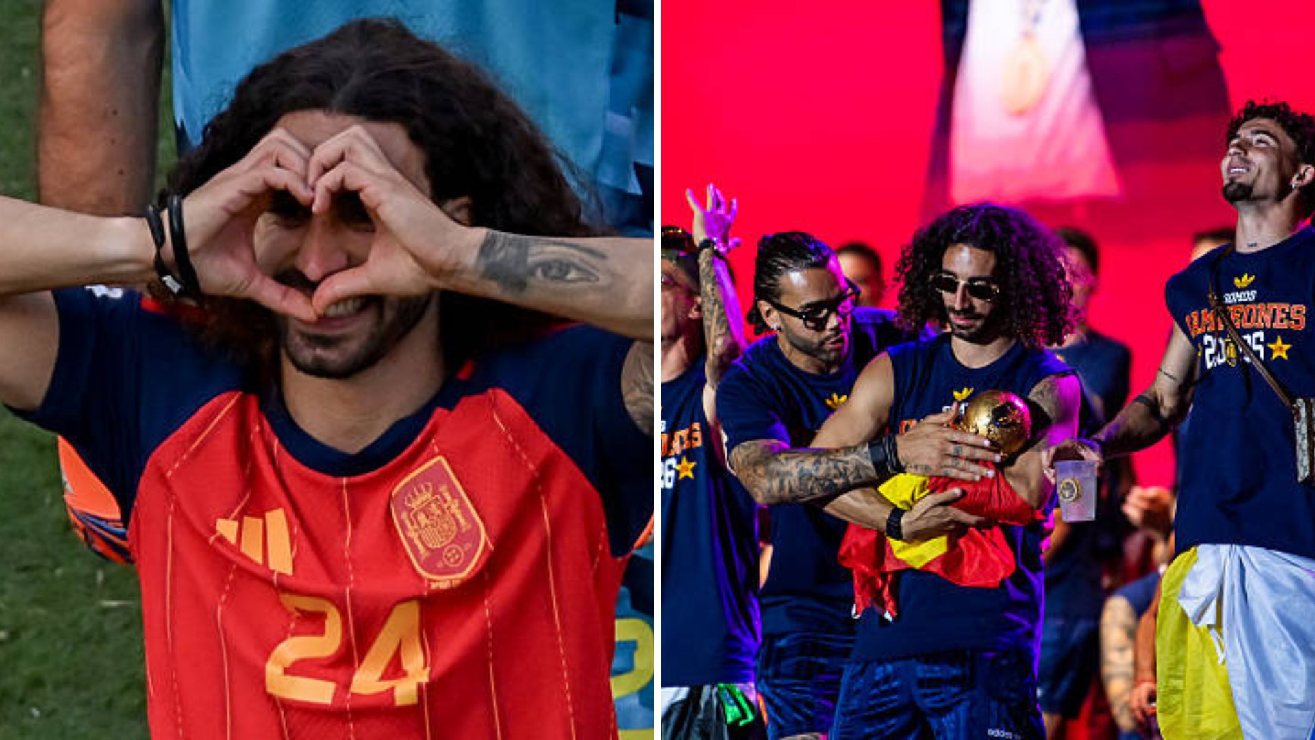Split image featuring Marc Cucurella's celebrations post-World Cup triumph.