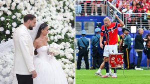 Split image featuring Alessia Elefante with Gianluigi Donnarumma and Erling Haaland with a drum.