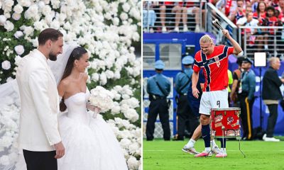 Split image featuring Alessia Elefante with Gianluigi Donnarumma and Erling Haaland with a drum.