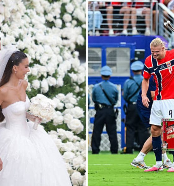 Split image featuring Alessia Elefante with Gianluigi Donnarumma and Erling Haaland with a drum.
