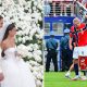 Split image featuring Alessia Elefante with Gianluigi Donnarumma and Erling Haaland with a drum.