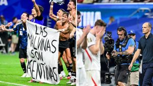 Split image featuring Las Malvinas and Tuchel's disappointed England side.