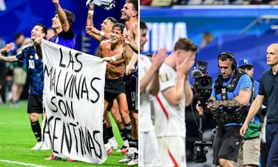 Split image featuring Las Malvinas and Tuchel's disappointed England side.