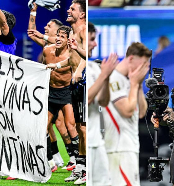 Split image featuring Las Malvinas and Tuchel's disappointed England side.