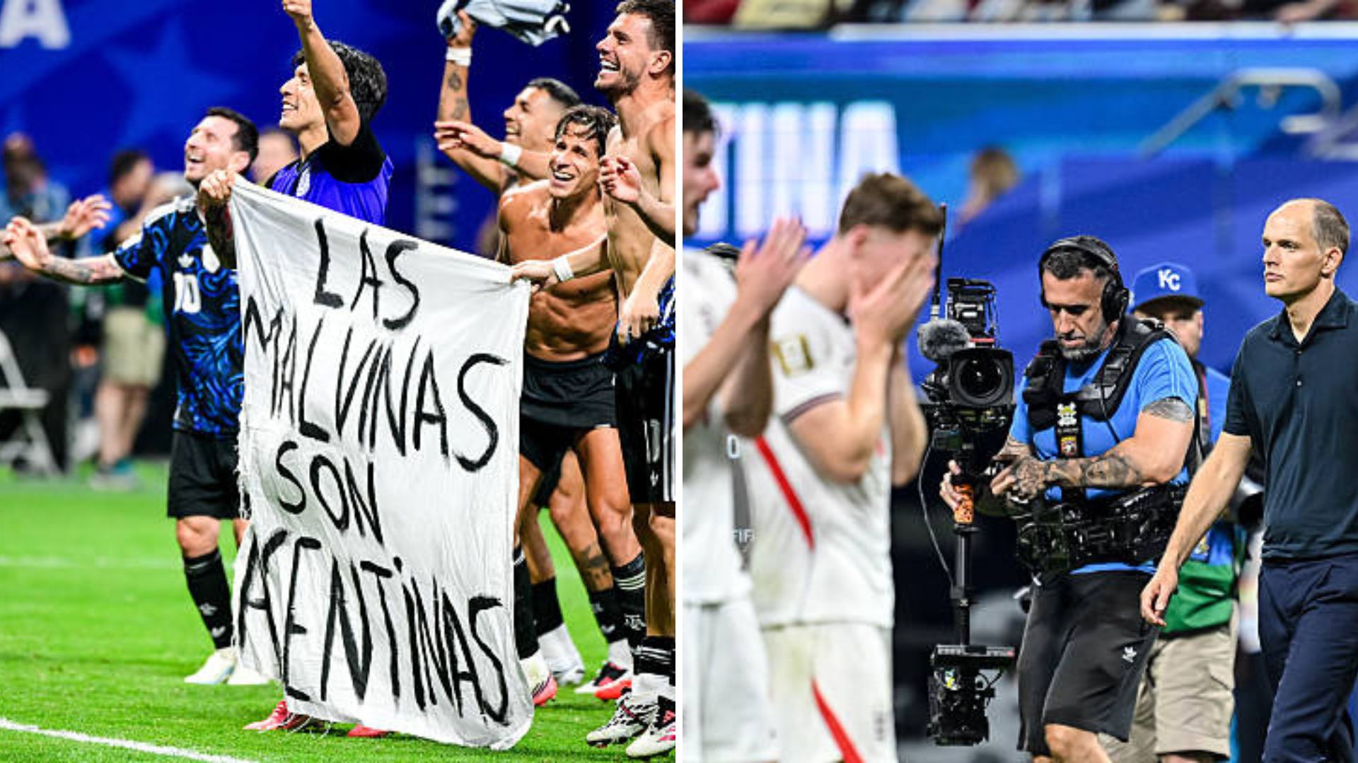 Split image featuring Las Malvinas and Tuchel's disappointed England side.