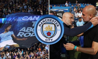 Split image featuring a Rodri banner at the Etihad and Enzo Maresca with Pep Guardiola.