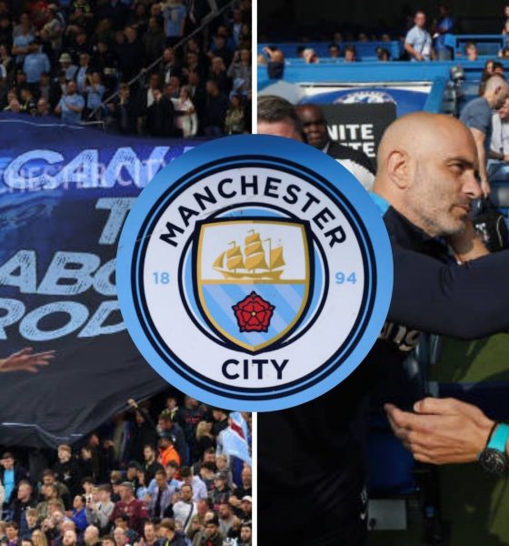Split image featuring a Rodri banner at the Etihad and Enzo Maresca with Pep Guardiola.